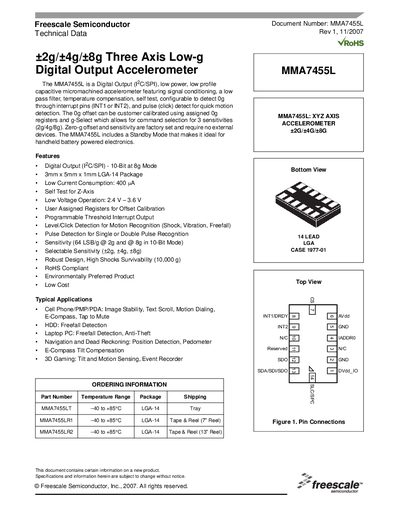 Freescale MMA7455L Accelerometer Datasheet - cover page