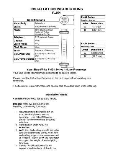 Blue-White F-451 Series In-Line Flowmeter Installation Instructions - cover page