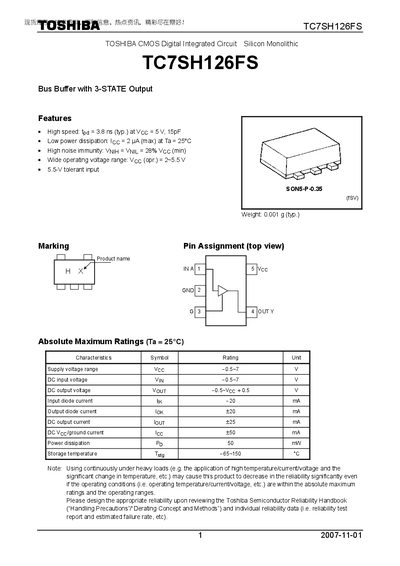 Toshiba TC7SH126FS CMOS Bus Buffer Datasheet - cover page