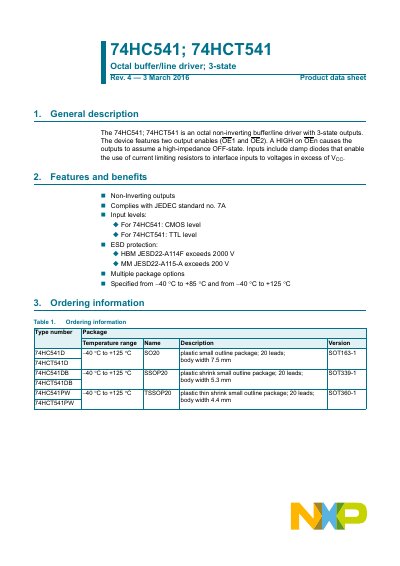 NXP 74HC541; 74HCT541 Octal Buffer/Line Driver Datasheet - cover page