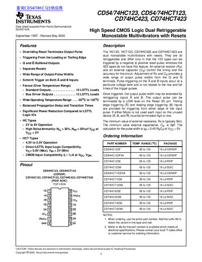 Texas Instruments CD54/74HC123 CD54/74HCT123 CD74HC423 CD74HCT423 High Speed CMOS Dual Retriggerable Monostable Multivib - cover page