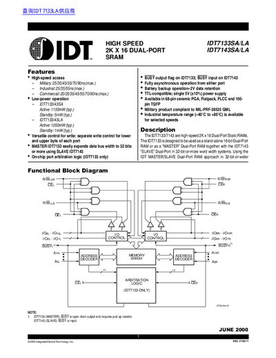 IDT IDT7133SA/LA IDT7143SA/LA HIGH SPEED 2K X 16 DUAL-PORT SRAM - cover page