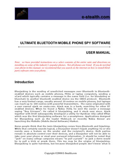 E‑Stealth Ultimate Bluetooth Mobile Phone Spy Software User Manual - cover page