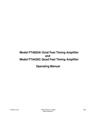 ORTEC FTA820A/FTA420C Fast Timing Amplifier Operating Manual - cover page