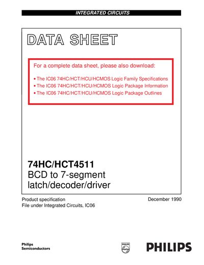 Philips 74HC/HCT4511 BCD to 7-segment Latch/Decoder/Driver Datasheet - cover page