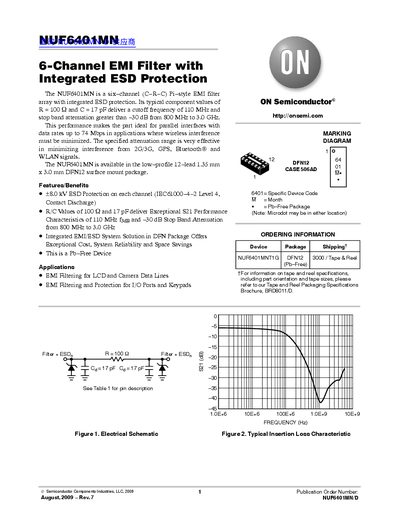 ON Semiconductor NUF6401MN 6-Channel EMI Filter with Integrated ESD Protection Datasheet - cover page