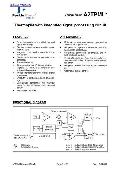 PerkinElmer A2TPMI Thermopile Sensor Datasheet - cover page