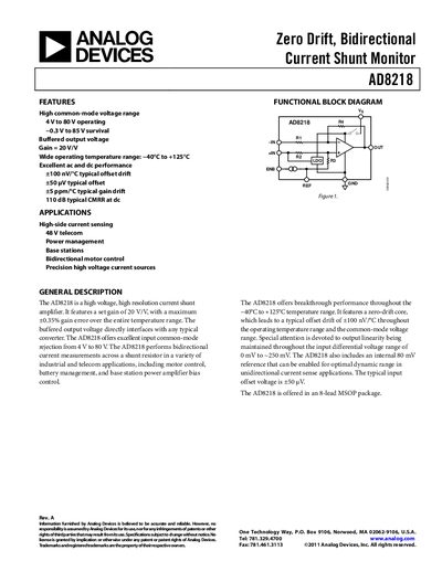 Analog Devices AD8218 Current Shunt Monitor Datasheet