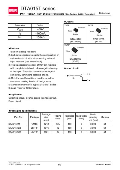 ROHM DTA015TUB Datasheet - cover page