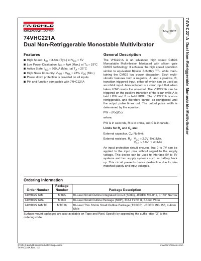 Fairchild 74VHC221A Dual Non-Retriggerable Monostable Multivibrator Datasheet - cover page