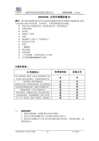 Haobogao HB2010K Universal Air Conditioner Remote IC User Manual - cover page