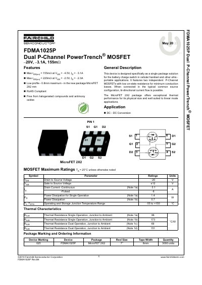 Fairchild FDMA1025P Dual P-Channel MOSFET Datasheet - cover page