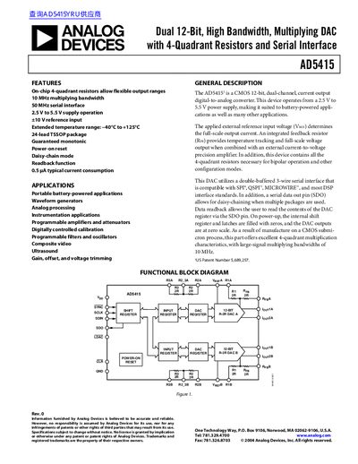 ANALOG DEVICES Dual 12-Bit High Bandwidth Multiplying DAC with 4-Quadrant Resistors Serial Interface AD5415 handbook - cover page