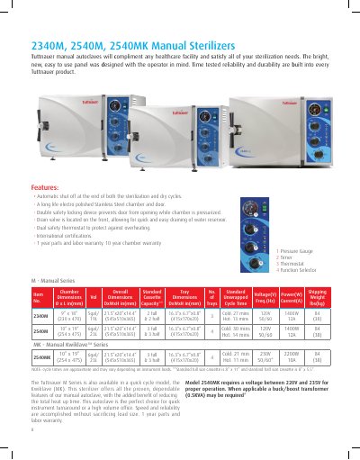 Tuttnauer Manual Sterilizers 82340M, 2540M, 2540MK Specifications Sheet - cover page