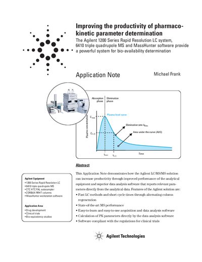 Agilent Improving the productivity of pharmacokinetic parameter determination Application Note - cover page