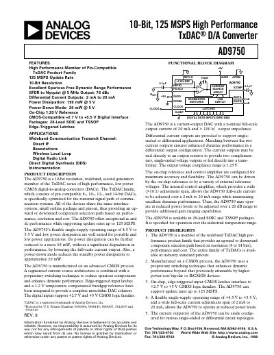 Analog Devices AD9750 10‑Bit 125 MSPS TxDAC® D/A Converter Datasheet - cover page