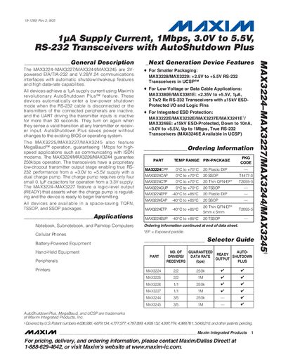 Maxim MAX3224/MAX3227/MAX3244/MAX3245 RS-232 Transceiver Datasheet - cover page