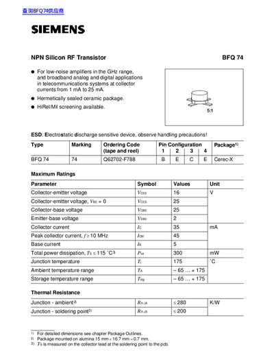 Siemens BFQ 74 NPN Silicon RF Transistor Datasheet - cover page