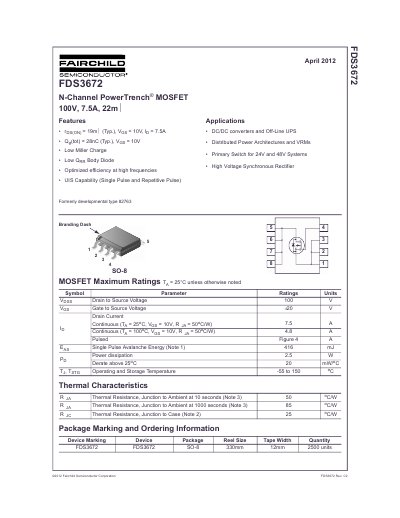 Fairchild Semiconductor FDS3672 N-Channel PowerTrench MOSFET Datasheet - cover page