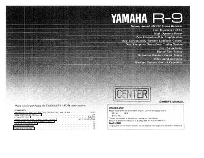 Yamaha R-9 Stereo Receiver Owner's Manual - cover page