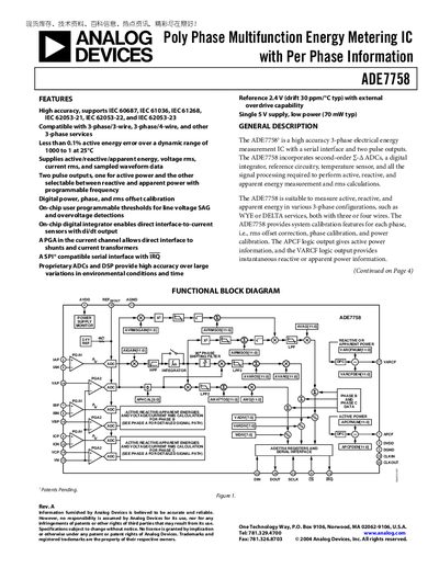 Analog Devices ADE7758 Energy Metering IC Datasheet - cover page