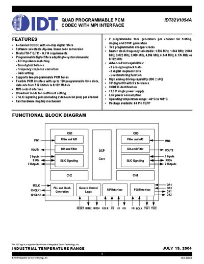 Integrated Device Technology IDT82V1054A Quad Programmable PCM CODEC Datasheet - cover page