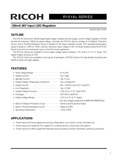 Ricoh R1516x Series LDO Regulator Datasheet