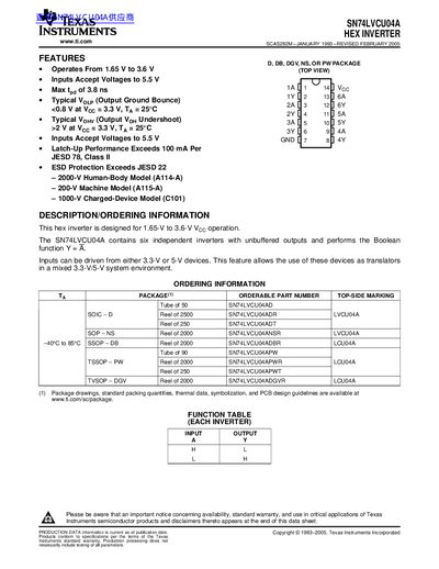 Texas Instruments SN74LVCU04A Hex Inverter Datasheet - cover page