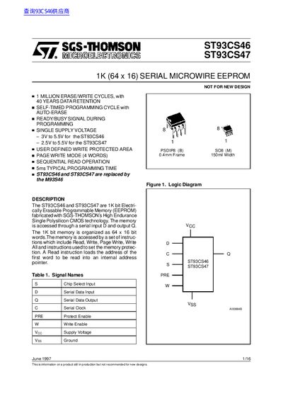 ST ST93CS46 ST93CS47 DATA SHEET - cover page
