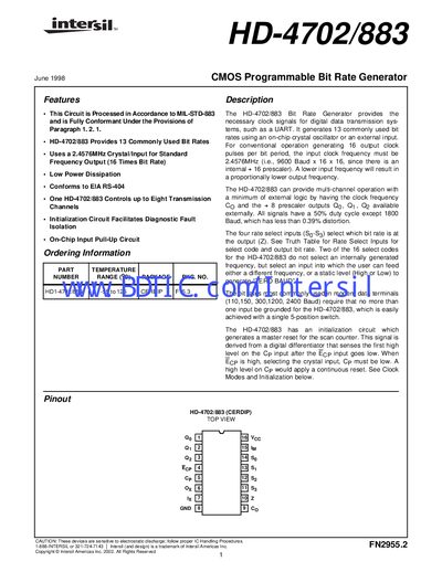 Intersil HD-4702/883 Bit Rate Generator Datasheet - cover page