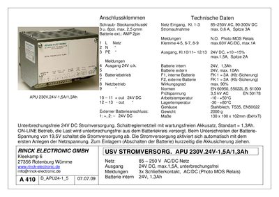 RINCK A 410 Uninterruptible Power Supply Datasheet
