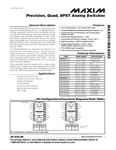Maxim MAX361/MAX362 Precision Quad SPST Analog Switches Datasheet - cover page