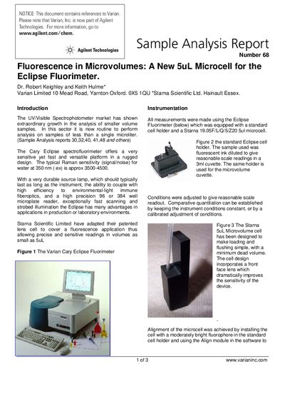 Agilent Eclipse Fluorimeter 5uL Microcell Application Note - cover page
