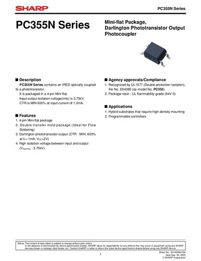 Sharp PC355N Series Photocoupler Datasheet - cover page