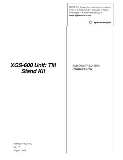 Varian XGS-600S Tilt Stand Kit Field Installation Instructions - cover page