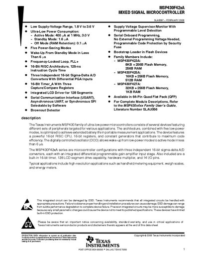 Texas Instruments MSP430F42xA Mixed Signal Microcontroller Datasheet - cover page