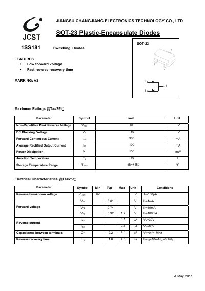 Jiangsu Changjiang Electronics Technology Co., Ltd. 1SS181 Switching Diode Datasheet