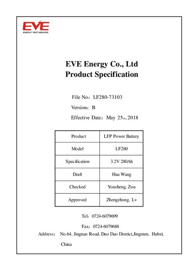 EVE Energy LF280 LFP Power Battery Specification Sheet