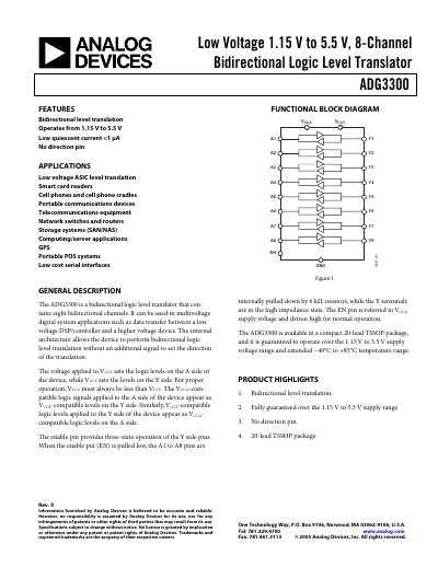 ANALOG DEVICES ADG3300 Low Voltage 1.15 V to 5.5 V 8-Channel Bidirectional Logic Level Translator handbook - cover page