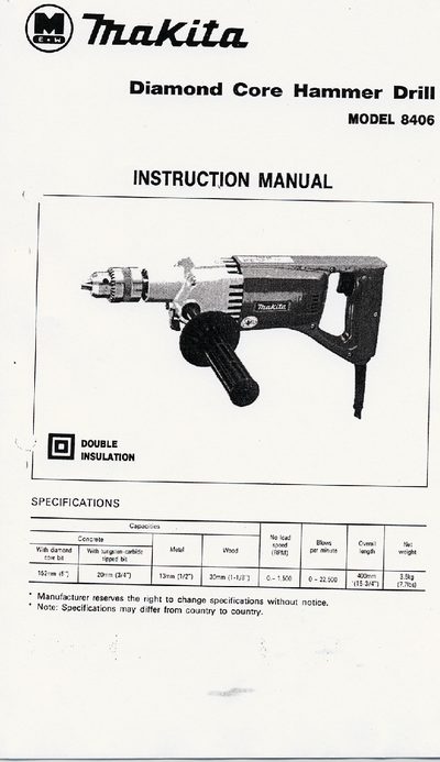 Makita 8406 Diamond Core Hammer Drill Instruction Manual - cover page