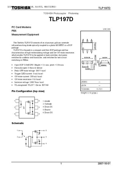 Toshiba TLP197D Photocoupler Datasheet - cover page