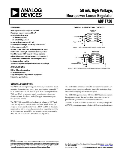 Analog Devices ADP1720 High Voltage Micropower Linear Regulator Datasheet