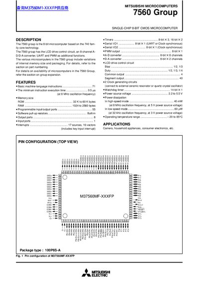 Mitsubishi 7560 Group Single-Chip 8-bit CMOS Microcomputer Datasheet - cover page