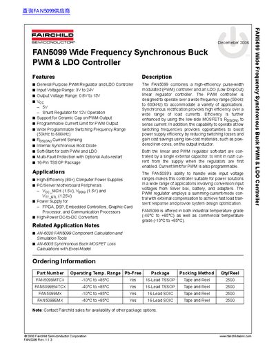 Fairchild FAN5099 Wide Frequency Synchronous Buck PWM & LDO Controller Datasheet - cover page