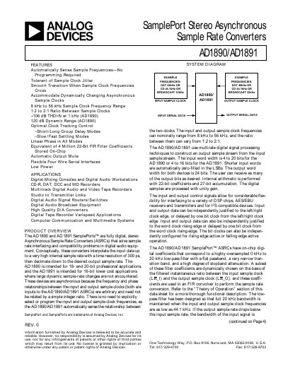 Analog Devices AD1890/AD1891 SamplePort Stereo Asynchronous Sample Rate Converter Datasheet