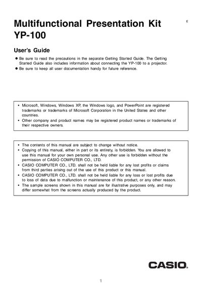 Casio YP-100 Multifunctional Presentation Kit User's Guide - cover page