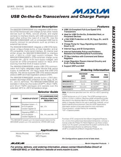 Maxim MAX3301E/MAX3302E USB On-the-Go Transceiver and Charge Pump Datasheet - cover page