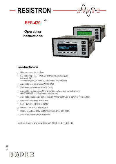 Resistron RES-420 GB Temperature Controller Operating Instructions - cover page