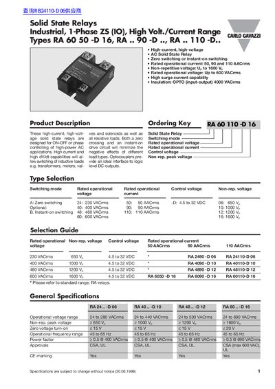 CARLO GAVAZZI RA 60 50 -D 16 RA .. 90 -D .. RA .. 110 -D.. handbook - cover page