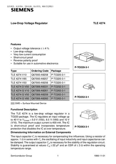 Siemens TLE 4274 Low-Drop Voltage Regulator Datasheet - cover page
